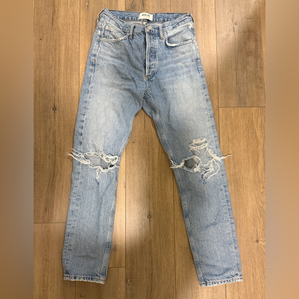 Agolde Women’s Light Wash Distressed Straight-Leg Jeans high rise | Size 24
